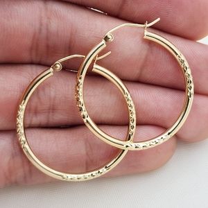 14k Gold half polished hoops earrings - 30mm